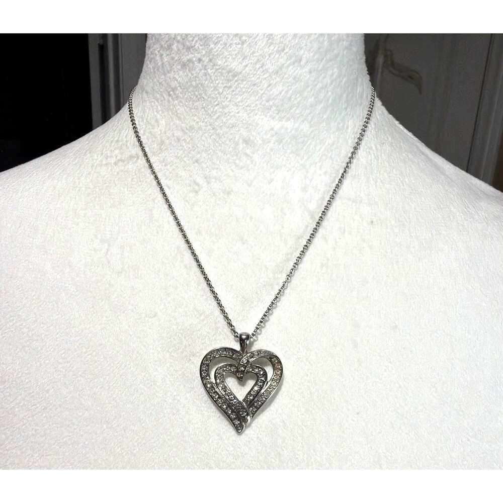 Silver Tone Double Heart Pendant Necklace Faux Diamond Accent Non Magnetic 18"